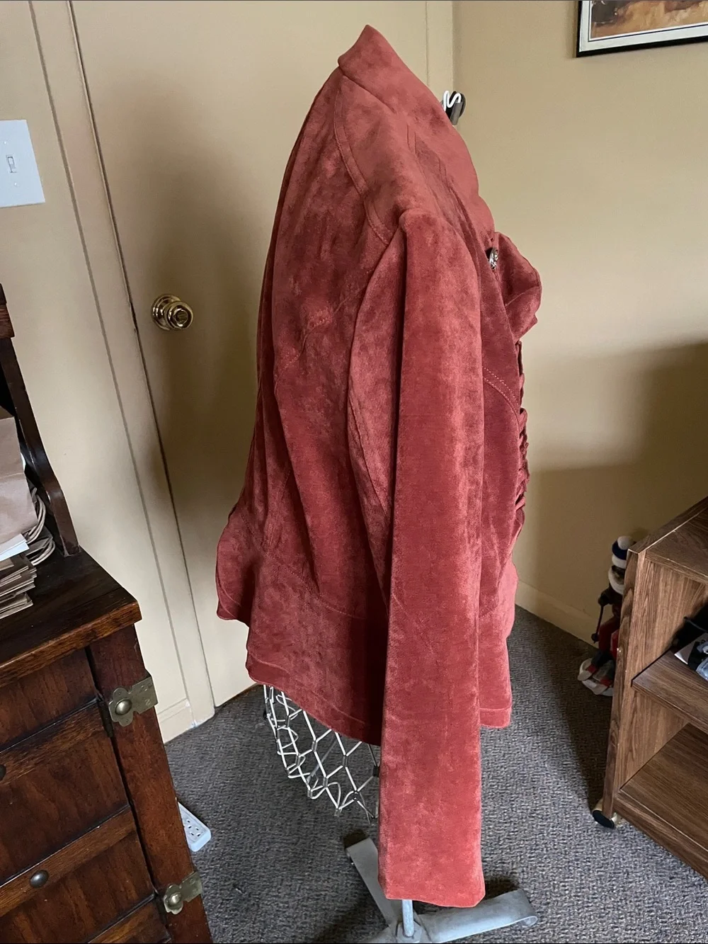 Double Breasted Suede Look Rust Color Ruffled Jacket - Picture 3 of 14